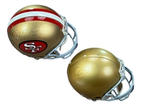 Lot of (2) Joe Montana Signed Full Size Authentic Helmets - San Francisco 49ers F/S Inscribed & Notre Dame (Has Acrylic Base) - Faded Signatures (Montana Holograms)