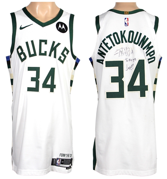 Giannis Antetokounmpo 2023-24 Milwaukee Bucks Autographed Game Worn PHOTO MATCHED White Home Jersey - TRIPLE DOUBLE (RGU)