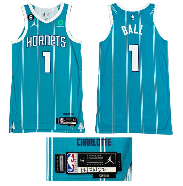 LaMelo Ball 2022-23 Charlotte Hornets PHOTO MATCHED Game Worn Road Jersey - Bill Russell Patch - Great Stats (RGU Match LOA & NBA LOA)