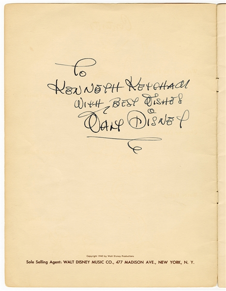 Walt Disney Beautifully Signed & Inscribed "Fantasia" Nutcracker Suite Piano Arrangements Book (JSA)