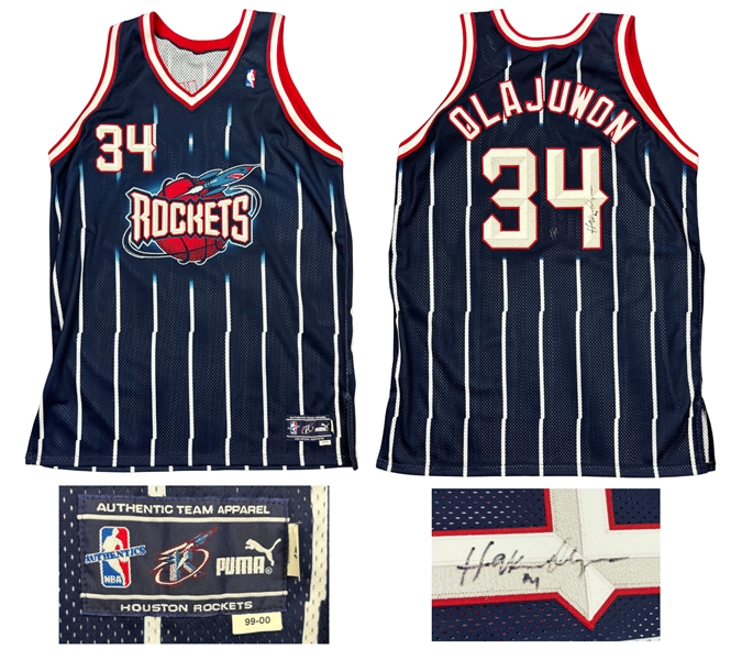 Hakeem Olajuwon 1999-00 Houston Rockets Game Worn & Twice Signed Road Jersey - Team Staff Provenance, Moderate Wear