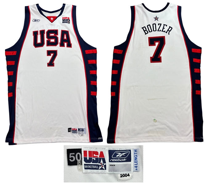 Carlos Boozer 2004 Team USA Olympic Photo Matched Game Worn Home Jersey - Excellent Wear, Boozer Direct Provenance (RGU Match LOA)