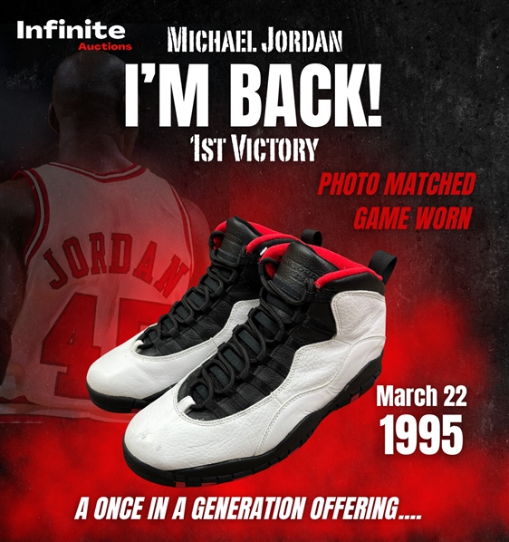 Michael Jordan 1995 Game Worn "Air Jordan X" Sneakers Photo Matched to "Im Back" 1st Victory - Bulls Staff Letter, RGU Match & MEARS
