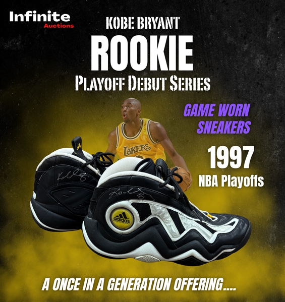 Kobe Bryant 1997 Rookie Playoff Debut Series Game Worn & Dual Signed Adidas Sneakers - Apparent Photo Match, Jazz Staff Provenance