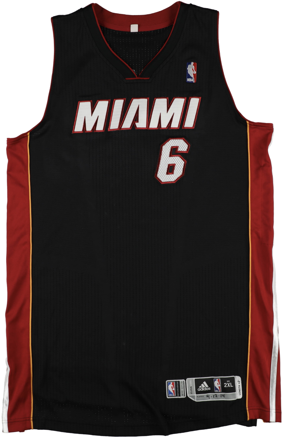 LeBron James 2013-14 Game Used Photo Matched Miami Heat Away Jersey (NBA/Meigray LOA) RECORD 10th Completed Season Averaging 25 pts 5 Rebs 5 Asts Surpassing Oscar Robertson with 9