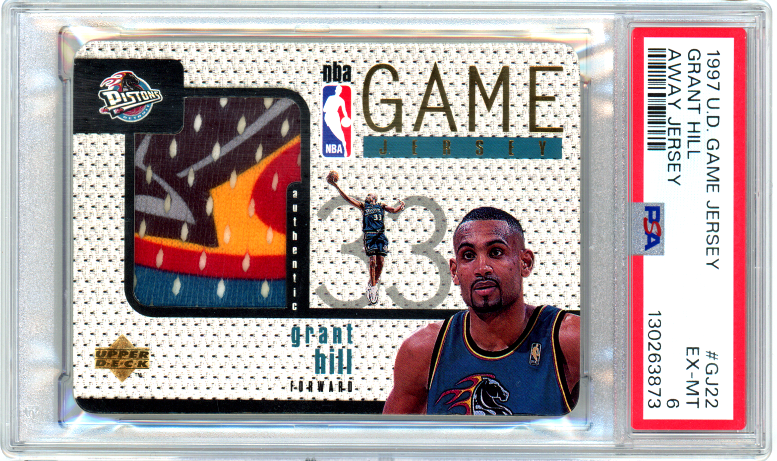 1997-98 UD Upper Deck Grant Hill Game Jersey Away #GJ22 - ULTRA RARE PATCH! - PSA 6 EX-MT