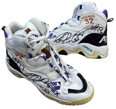 Karl Malone 1996-97 NBA MVP Season Game Worn & Dual Signed APEX Sneakers – "Mailman 32" Player Exclusive